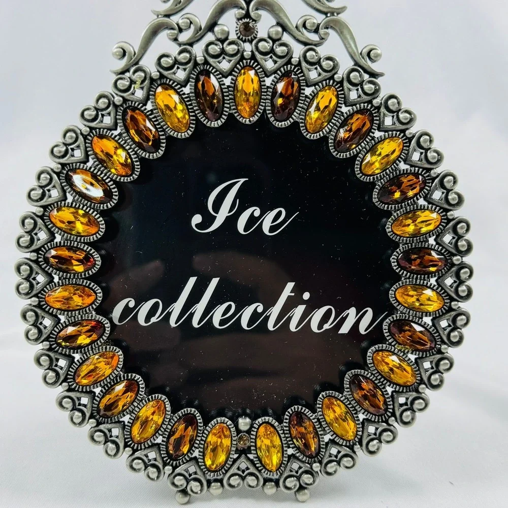 VTG Round Ornate Metal Picture Frame Amber Crystal Jewels Two's Company REGENCY